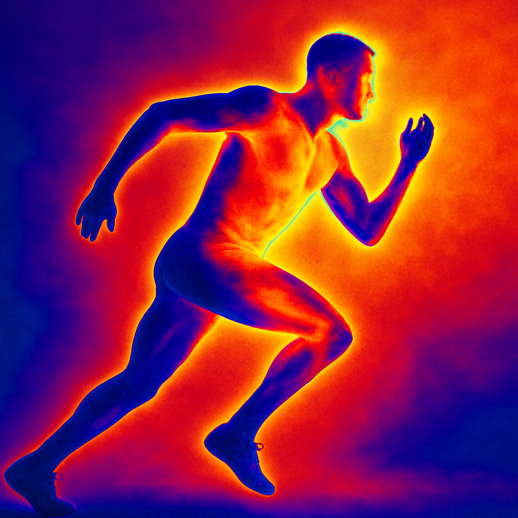 Thermal infrared image of a male athlete sprinting, showing heat patterns in the muscles using bright red, orange, and blue coloration.