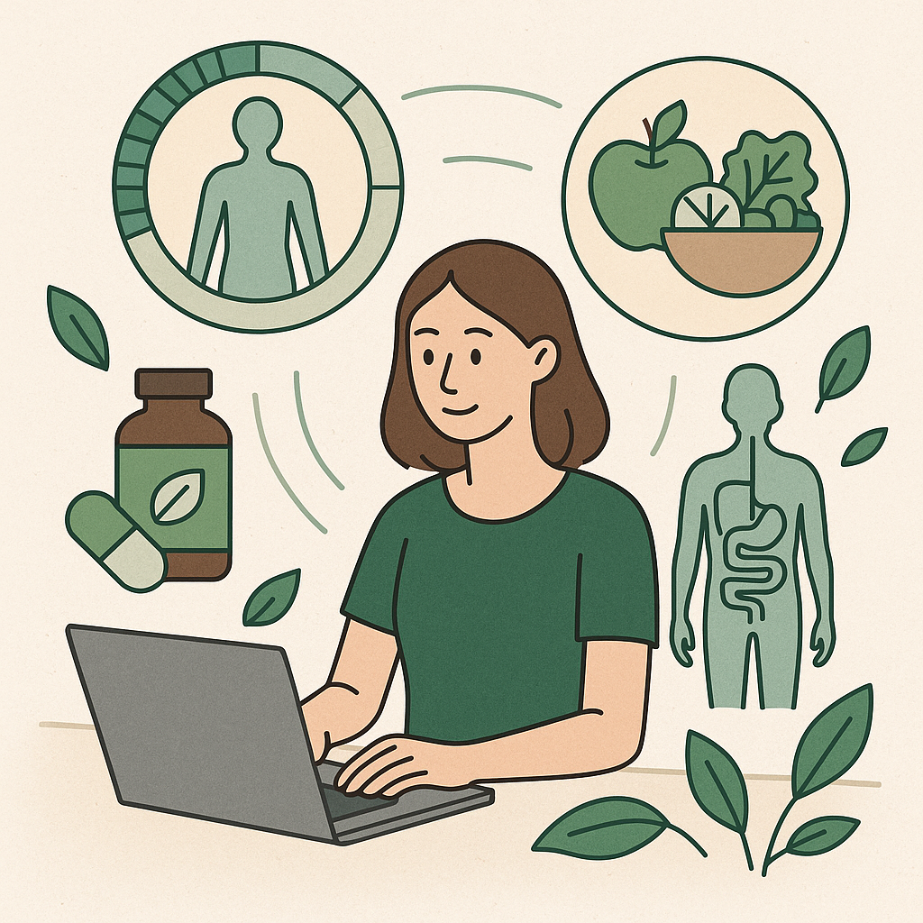 Digital wellness illustration featuring supplements, healthy foods, and human body systems, representing holistic insights from ZYTO Scan technology at Thermography Advantage