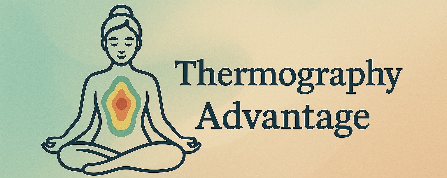 Spa-inspired thermography logo featuring a calm meditative figure with a colorful heat-map center, set on a soft teal and peach gradient background for Thermography Advantage.