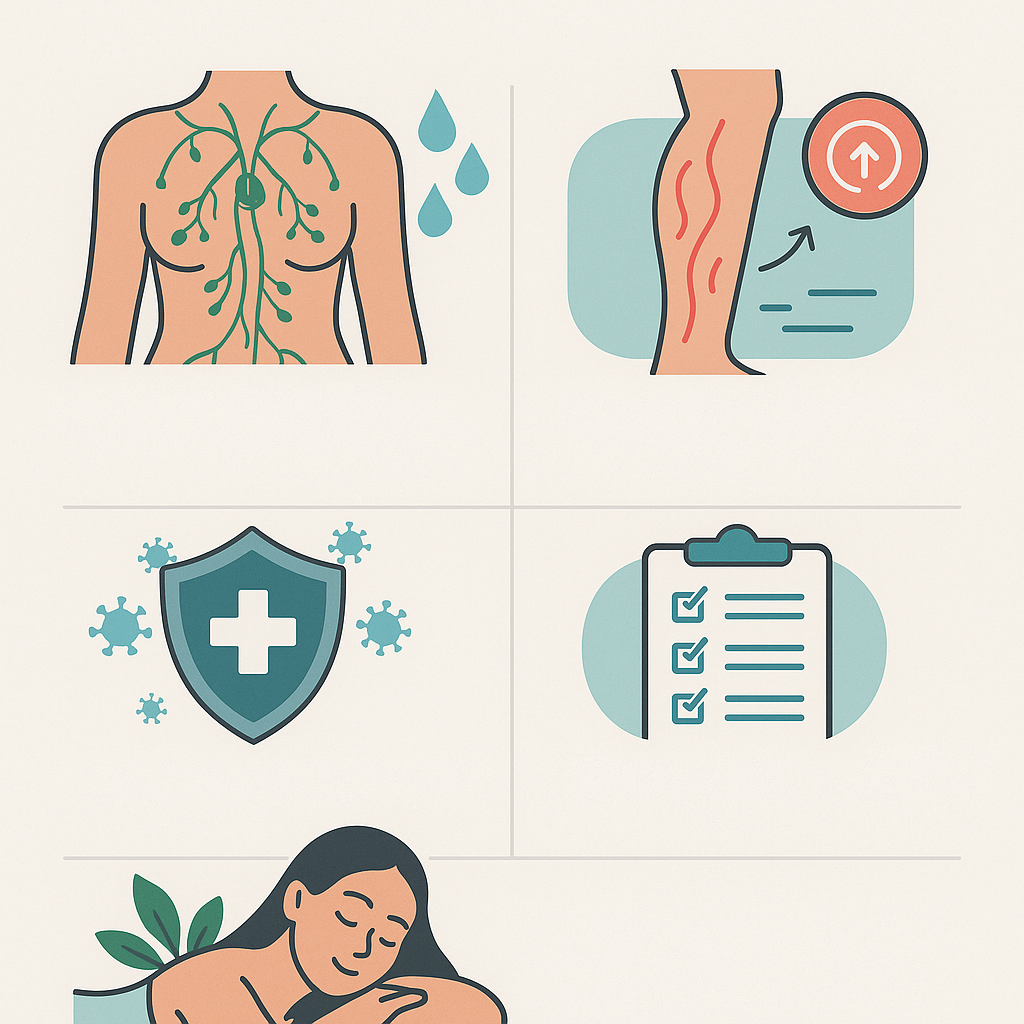 Electro-Lymphatic Therapy infographic showing lymphatic flow, circulation support, immune benefits, and relaxation — Thermography Advantage wellness services.