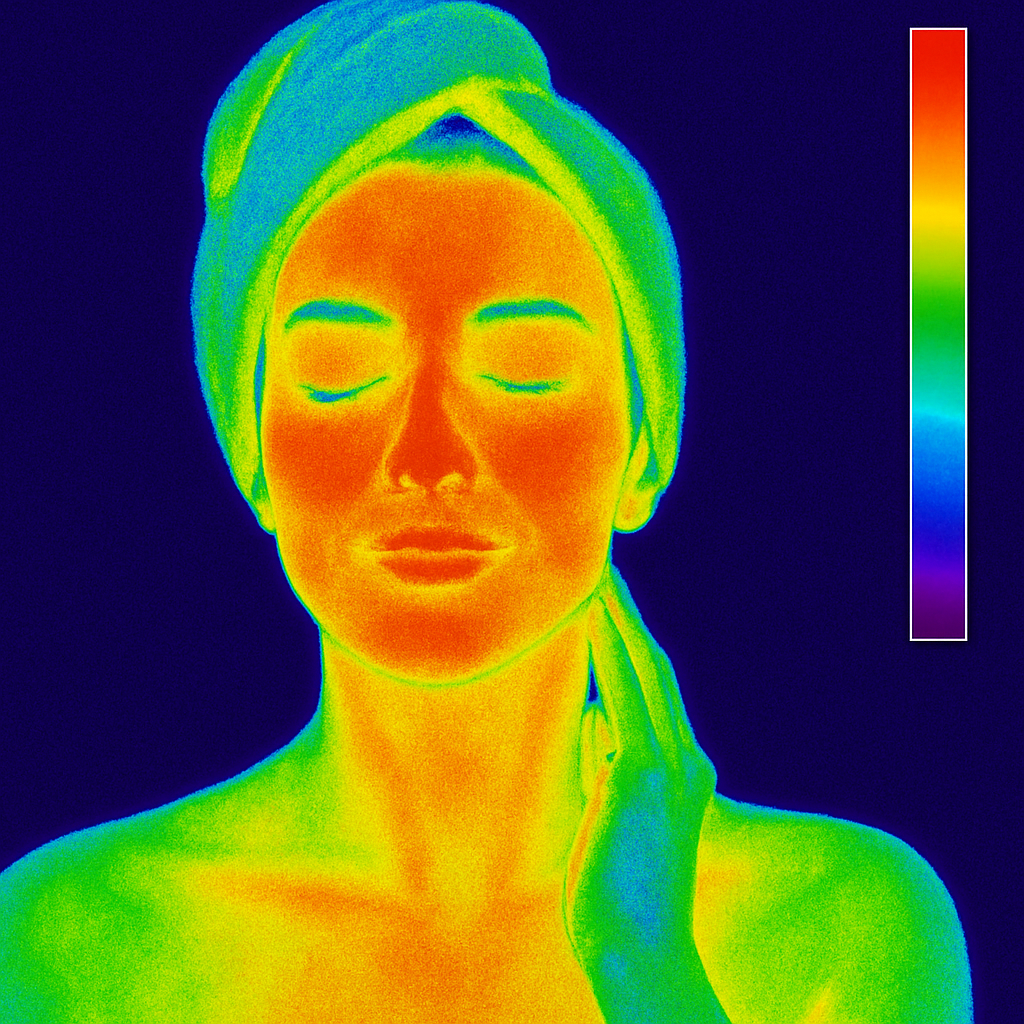 Thermographic image of a relaxed woman with a spa towel wrapped around her head, showing warm and cool temperature patterns across her face, neck, and shoulders against a dark background
