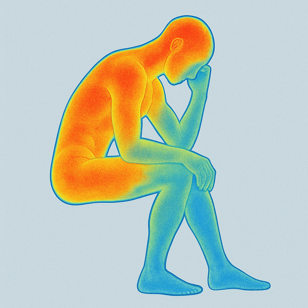Thermal infrared image of a seated human figure with color-mapped heat distribution showing warmer regions in the upper body and cooler areas in the legs and feet.