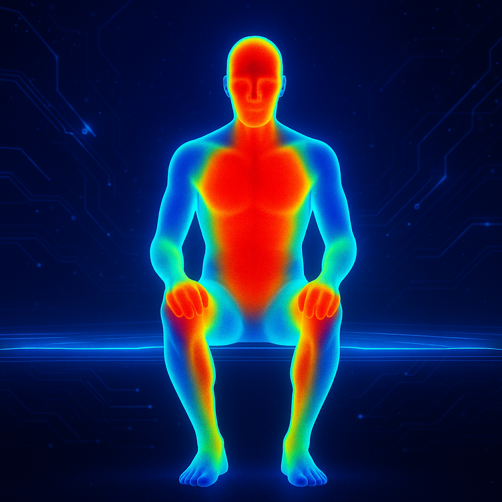 Futuristic thermal infrared image of a seated human figure with heat distribution shown in red, yellow, and blue tones, set against a glowing blue digital background with circuit-like patterns.