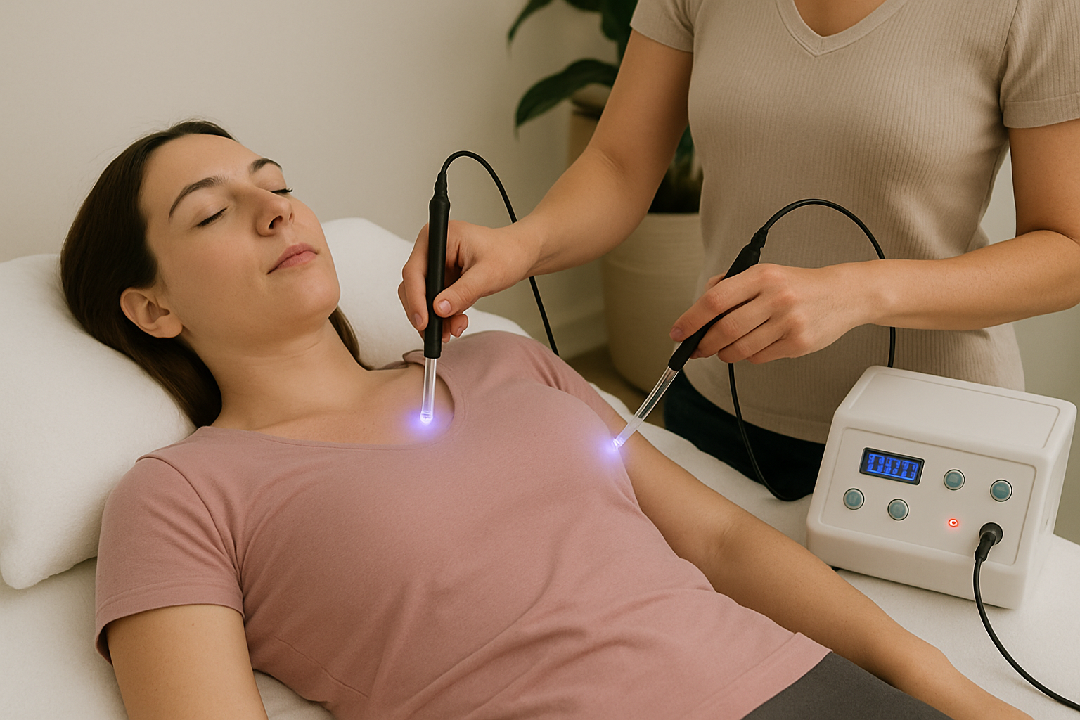 Woman receiving electro-lymphatic therapy with dual glass probes emitting soft purple light during a wellness treatment session