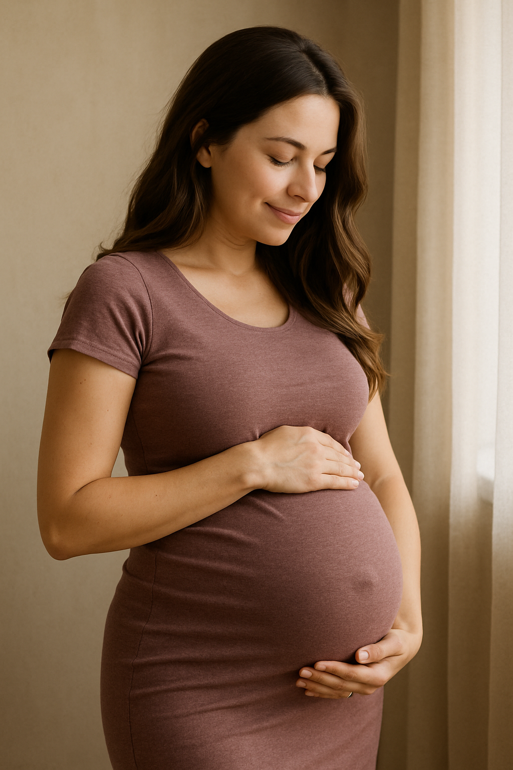 Pregnant woman gently holding her baby bump in soft natural light, prenatal wellness imagery