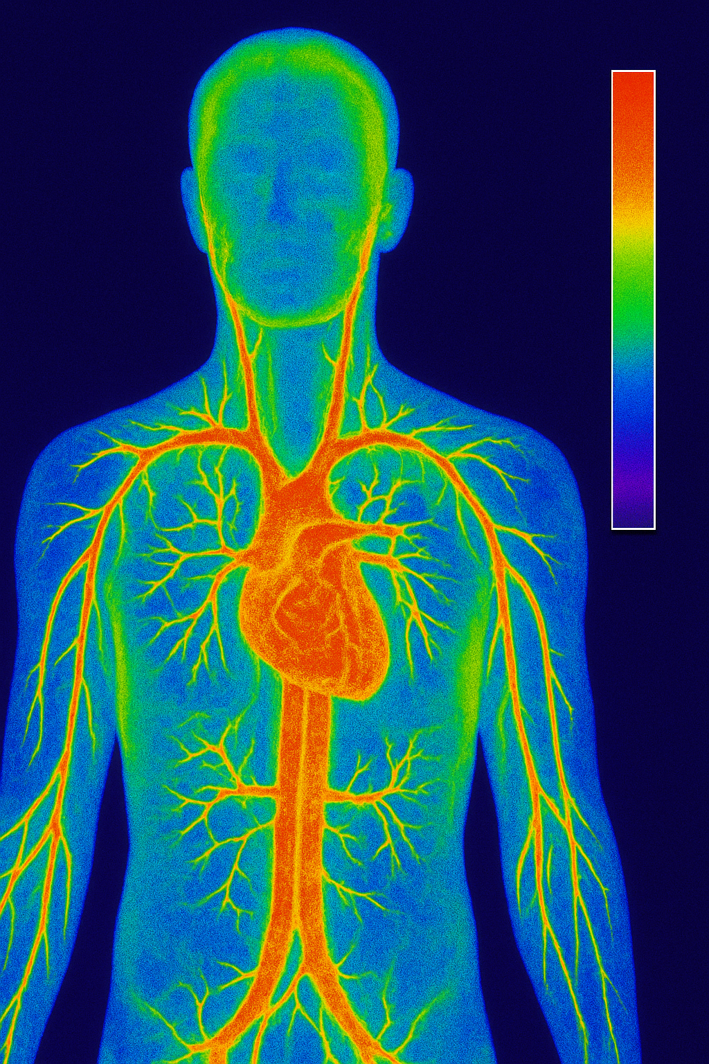 Thermographic image of the human upper body highlighting the vascular system, showing heat patterns along the arteries and heart with a full-spectrum temperature scale